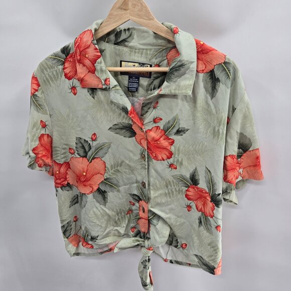 Havana Jack's Cafe Tops - Havana Jack's Cafe Green Floral Crop Front Tie Retro Rayon Button Down Top XL